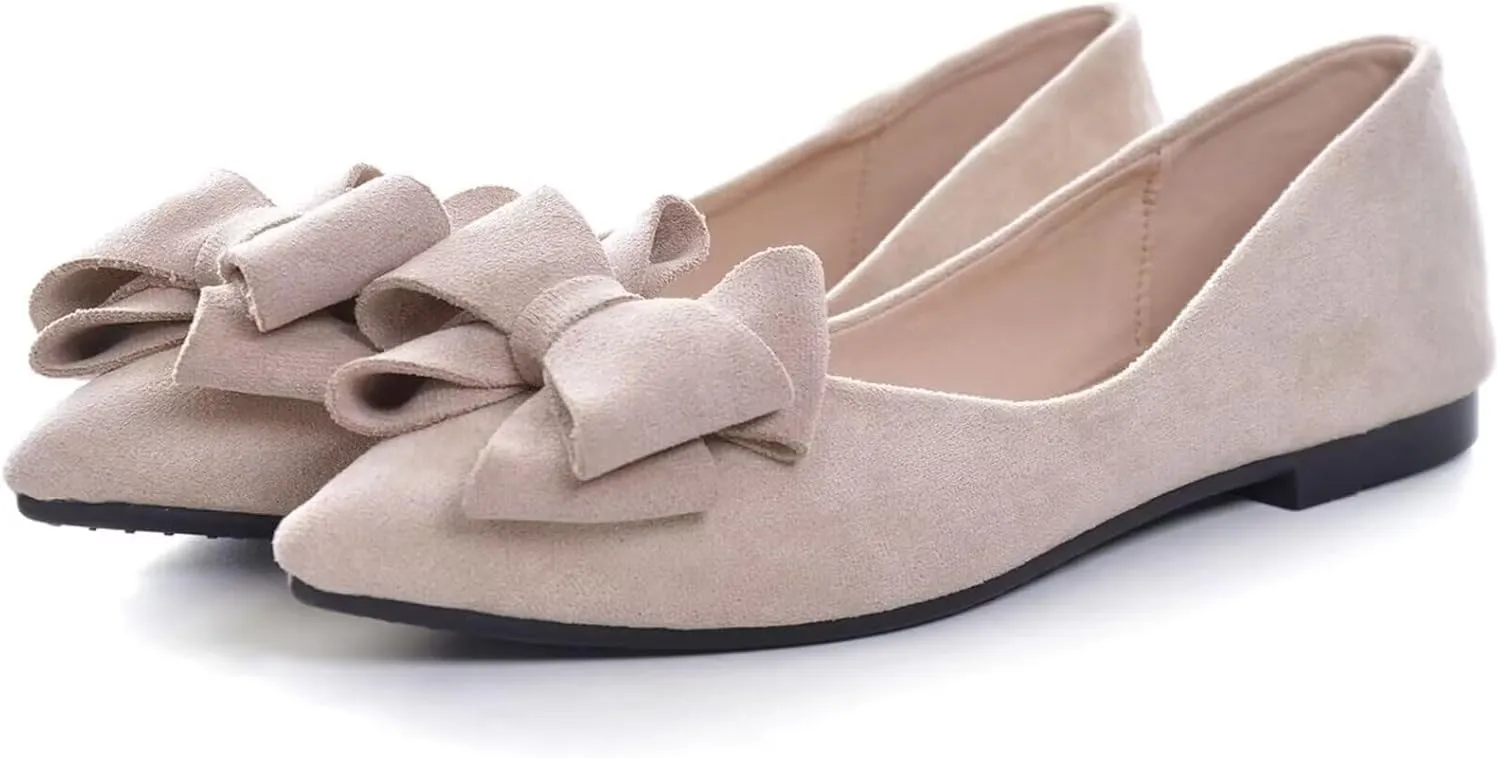 SAILING LU Bow-Knot Ballet Flats Womens Pointy Toe Flat Shoes Suede Dress Shoes Wear to Work Slip On Moccasins Apricot Size 10