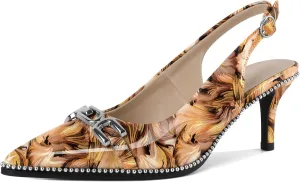 SAMMITOP Slingback Heels for Women Pointed Toe Kitten Low Heel Pumps Silver Beaded Metal Buckle Comfortable Slip On Party Prom Dress Shoes 2.4 Inch