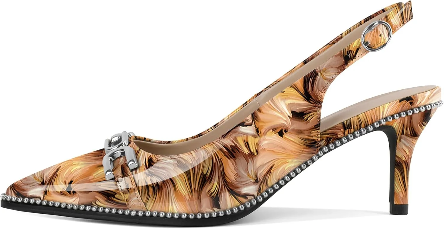 SAMMITOP Slingback Heels for Women Pointed Toe Kitten Low Heel Pumps Silver Beaded Metal Buckle Comfortable Slip On Party Prom Dress Shoes 2.4 Inch