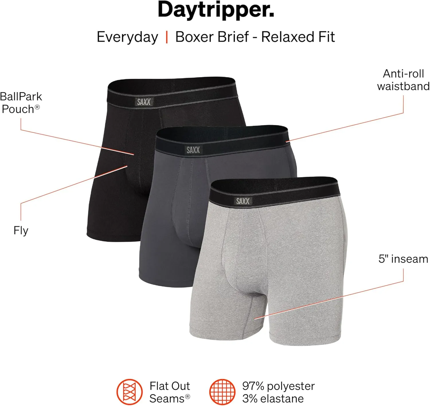 SAXX Underwear Co. - Men's Daytripper Boxer Brief Fly 3Pk With Built-In Pouch Support - Underwear For Men