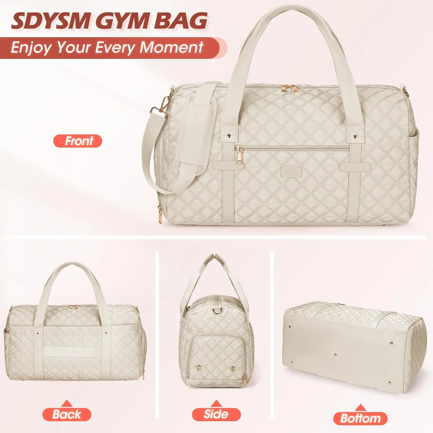 SDYSM Gym Bag for Women, Travel Duffle Bag with Shoe Compartment & Wet Pocket Waterproof Carry On Weekender for Sports, Yoga, Gym (Beige)