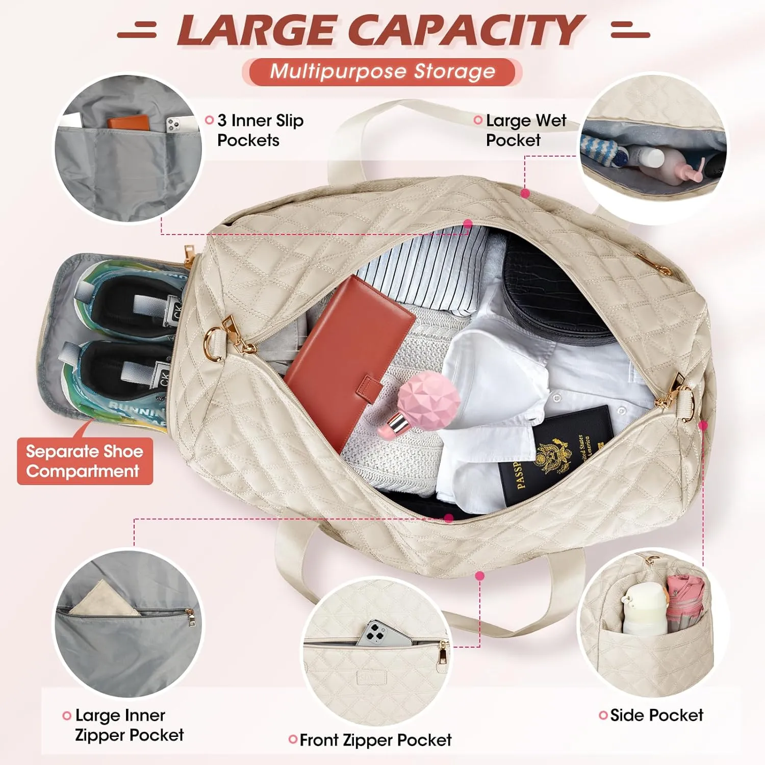 SDYSM Gym Bag for Women, Travel Duffle Bag with Shoe Compartment & Wet Pocket Waterproof Carry On Weekender for Sports, Yoga, Gym (Beige)