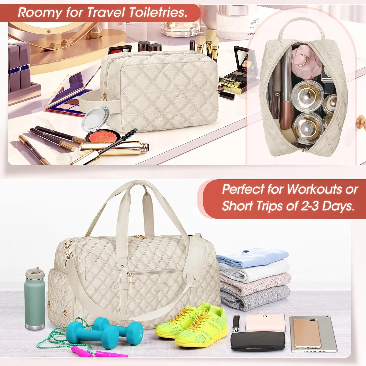 SDYSM Gym Bag for Women, Travel Duffle Bag with Shoe Compartment & Wet Pocket Waterproof Carry On Weekender for Sports, Yoga, Gym (Beige)