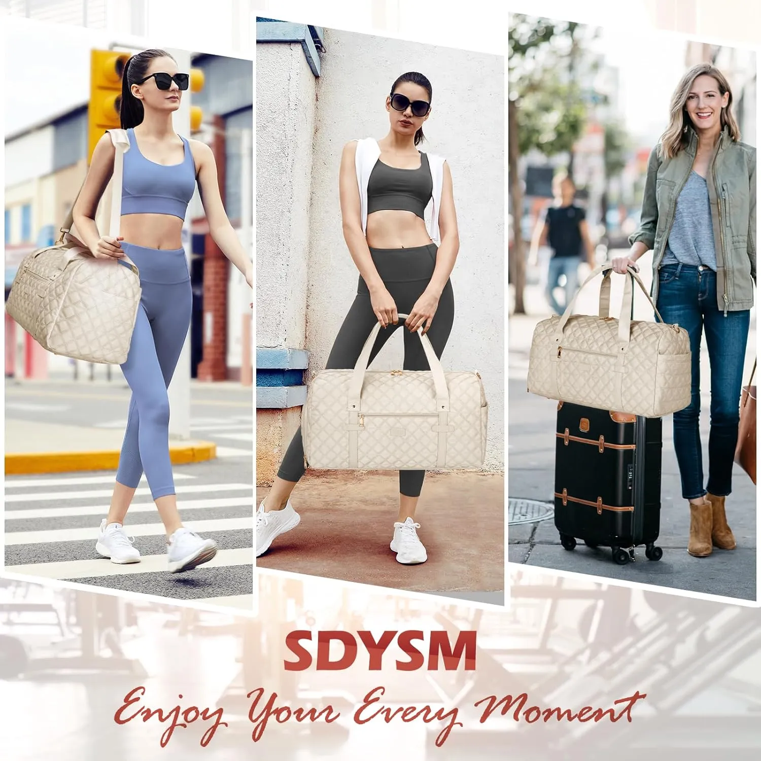 SDYSM Gym Bag for Women, Travel Duffle Bag with Shoe Compartment & Wet Pocket Waterproof Carry On Weekender for Sports, Yoga, Gym (Beige)