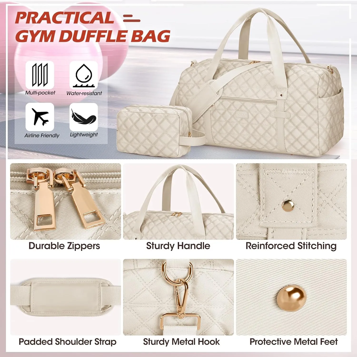 SDYSM Gym Bag for Women, Travel Duffle Bag with Shoe Compartment & Wet Pocket Waterproof Carry On Weekender for Sports, Yoga, Gym (Beige)