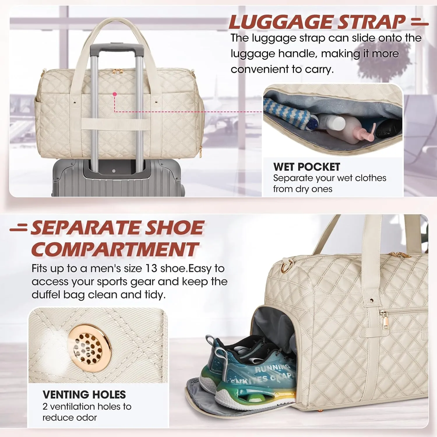 SDYSM Gym Bag for Women, Travel Duffle Bag with Shoe Compartment & Wet Pocket Waterproof Carry On Weekender for Sports, Yoga, Gym (Beige)