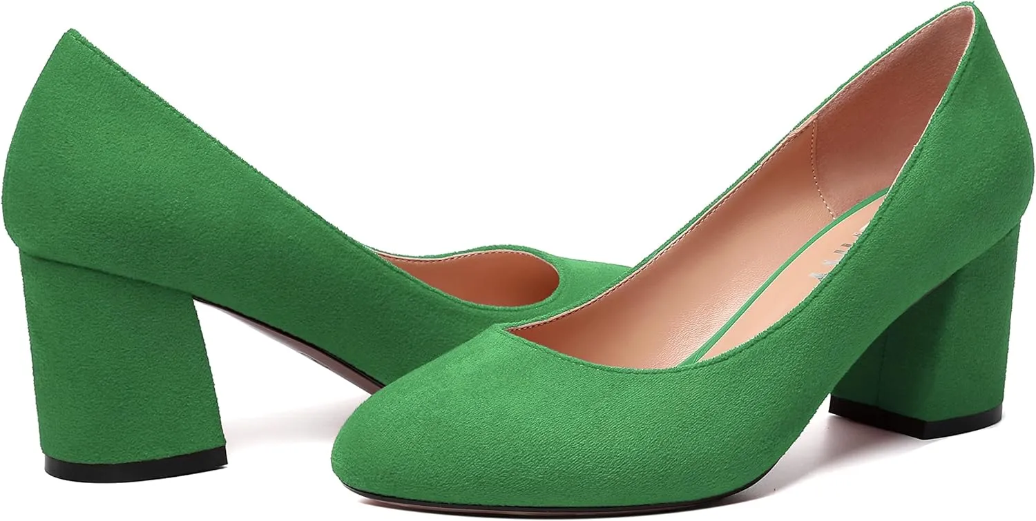 SKYSTERRY Womens Cute Round Toe Slip On Suede Wedding Block Mid Heel Pumps Shoes 2.5 Inch