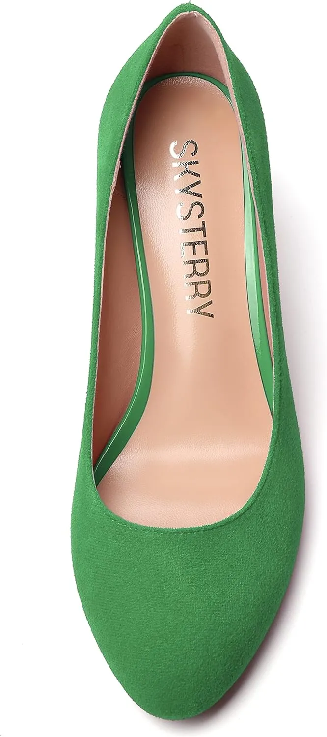 SKYSTERRY Womens Cute Round Toe Slip On Suede Wedding Block Mid Heel Pumps Shoes 2.5 Inch