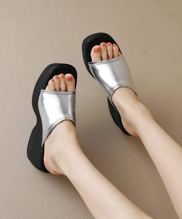 Slide Sandals Peep High Toe Wedge Beige Heels New