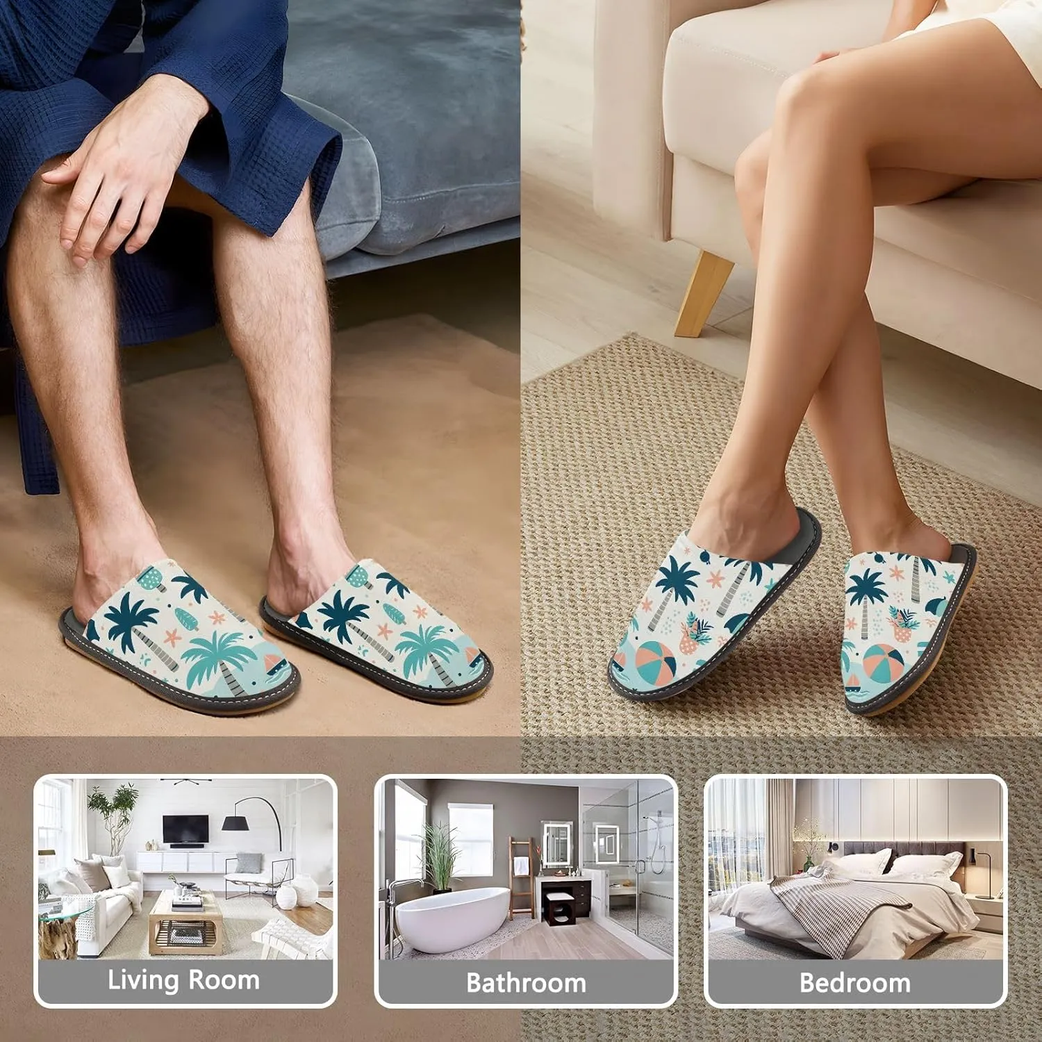 Slip-on Slippers Cute Seaside Coconut Tree Pattern Warm Cozy Slippers Lightweight Memory Foam Indoor House Shoes