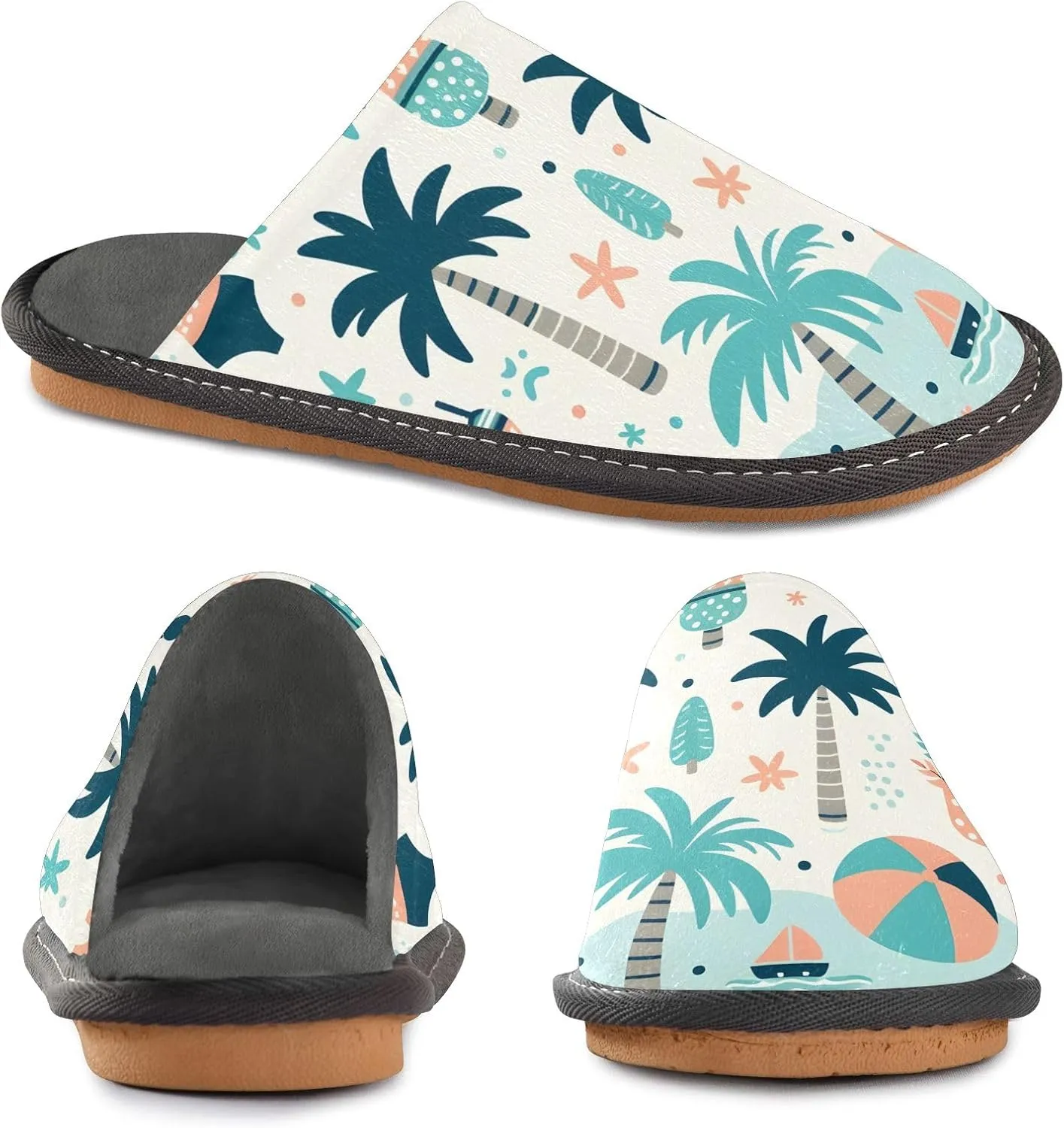 Slip-on Slippers Cute Seaside Coconut Tree Pattern Warm Cozy Slippers Lightweight Memory Foam Indoor House Shoes