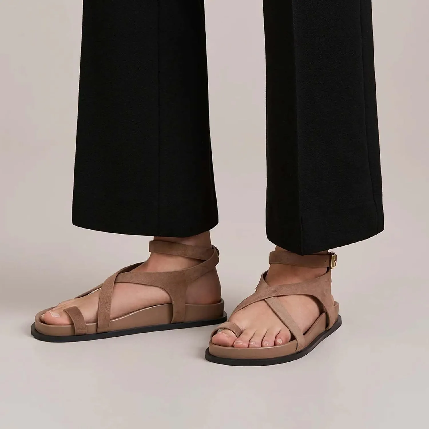 Strappy Sandals for Women Flat Buckle Sandals Ankle Strap Dressy Sandal Toe Ring Flip Flops Arch Support Slides
