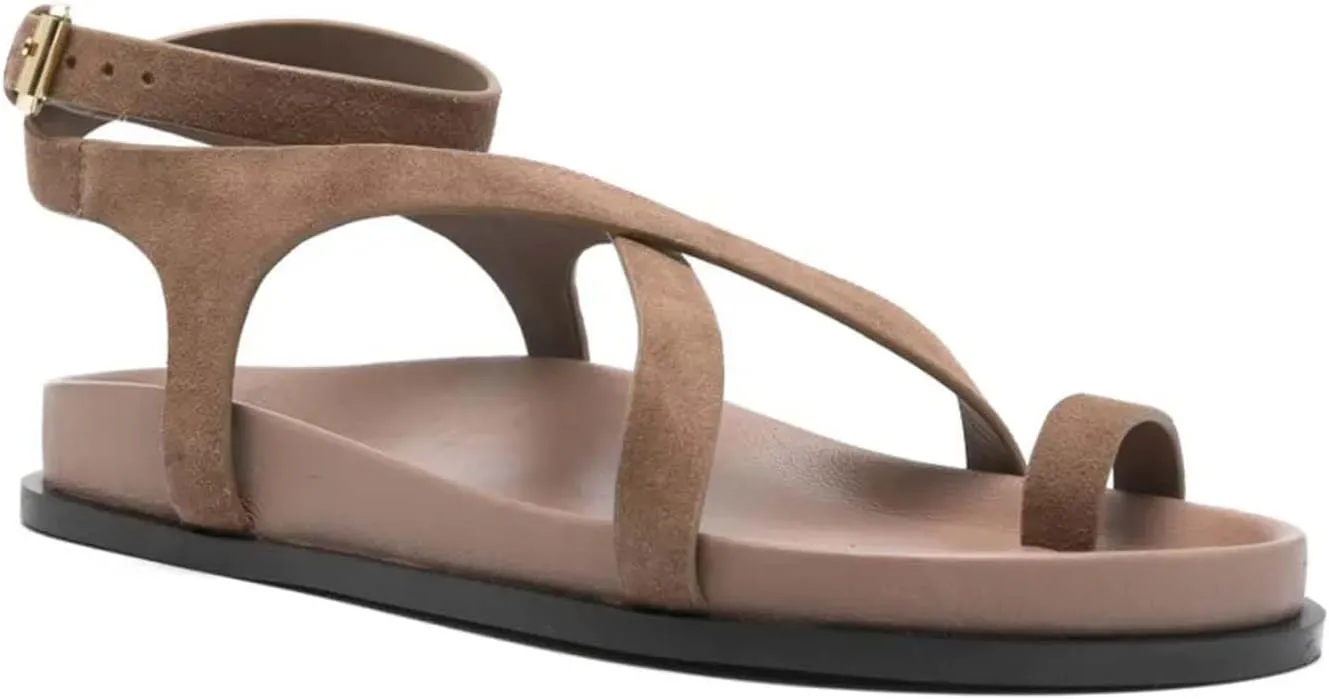Strappy Sandals for Women Flat Buckle Sandals Ankle Strap Dressy Sandal Toe Ring Flip Flops Arch Support Slides