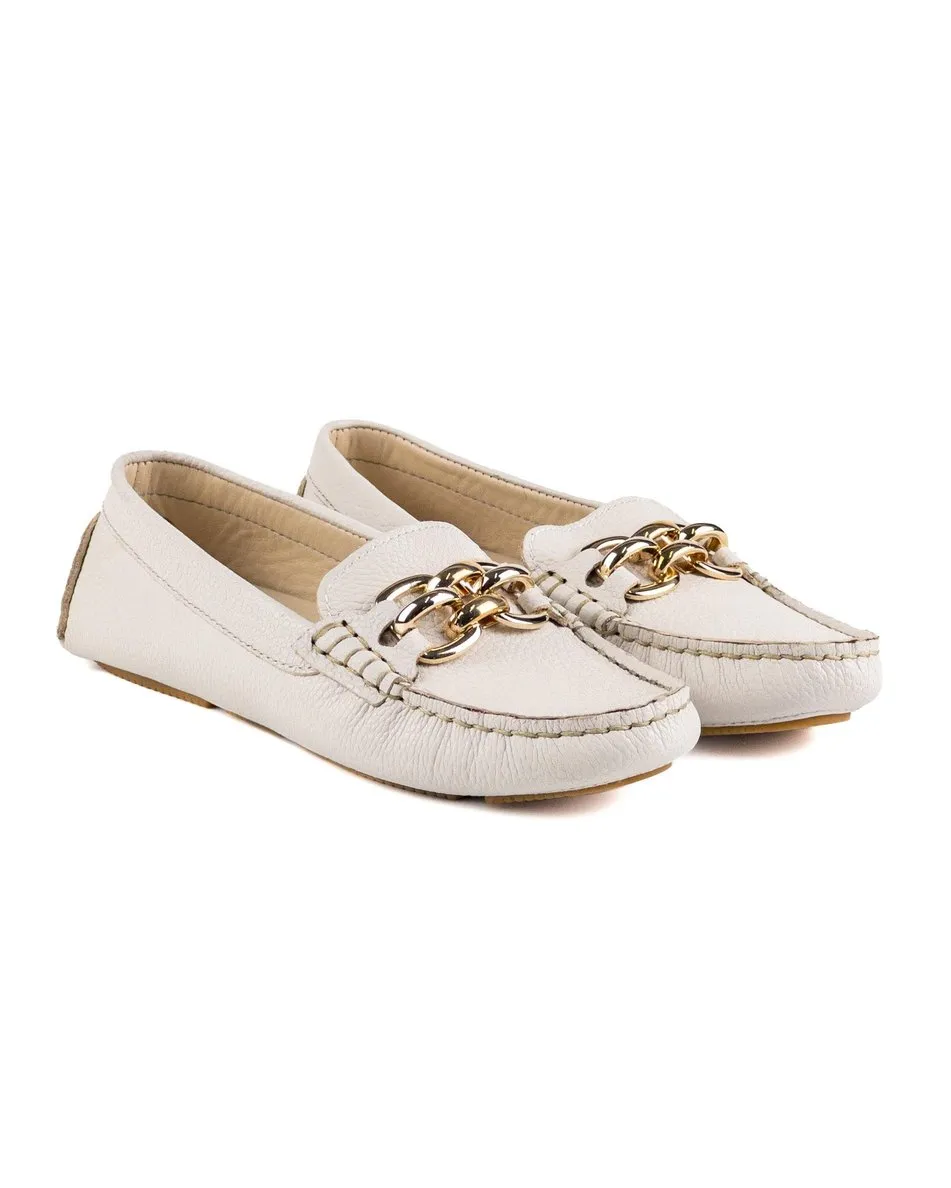 T-Chios Women's Beige Genuine Leather Loafer Shoes