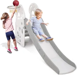 Toddler Slide - 4 in 1 Slide for Kids with Extra Long Slipping Slope and Basketball Hoop, Kids Slide Climber Set for Indoor and Outdoor Playground, Ideal Gift for Ages 1-9 Years Boys and Girls (Grey)
