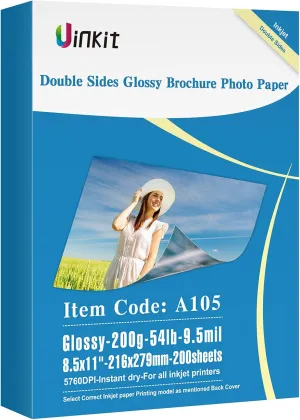 Uinkit 200 Sheets Double Sided Photo Paper Glossy 8.5x11 54lbs Inkjet for Dye Ink 200Gsm Value Bulk Pack Picture 8.5 x 11 9.5Mil for Inkjet Printing Printer