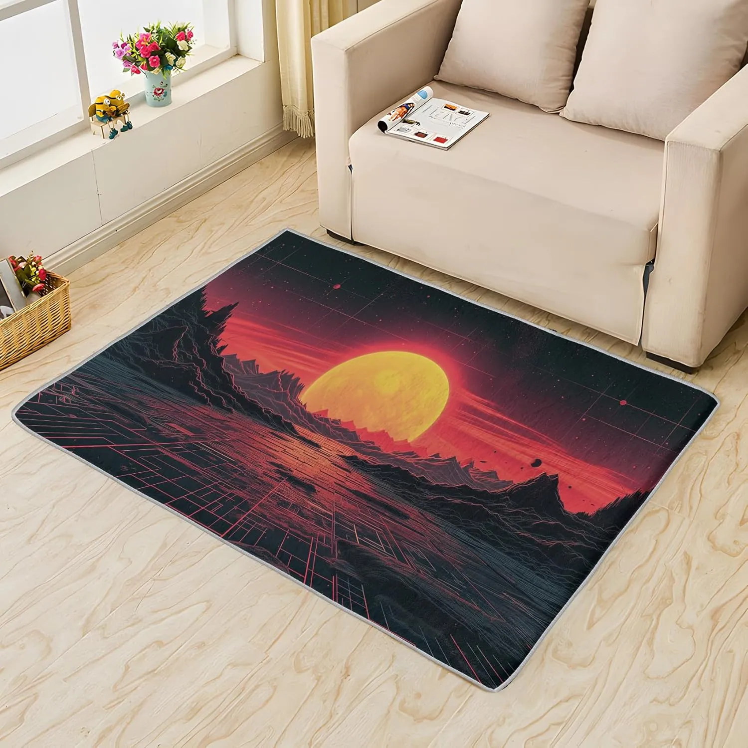 Vaporwave Area Rug - 6x8 Rug - Vaporwave Rug - 80s Sunset Mountain Area Rug - Synthwave Abstract Rugs - Retro Futurism Carpet