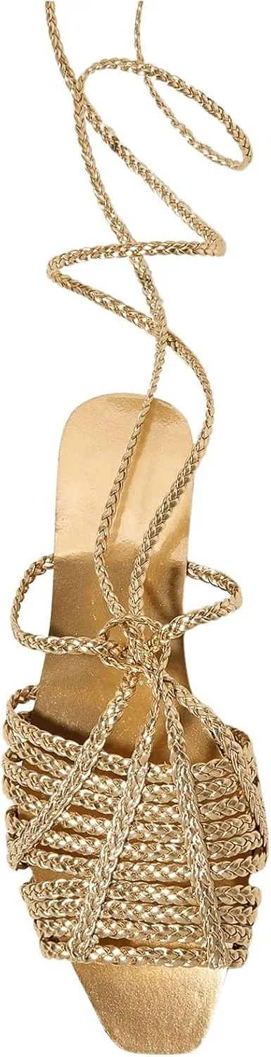 Verdusa Women's Strappy Braided Flat Sandals Square Toe Crisscross Casual Summer Slides