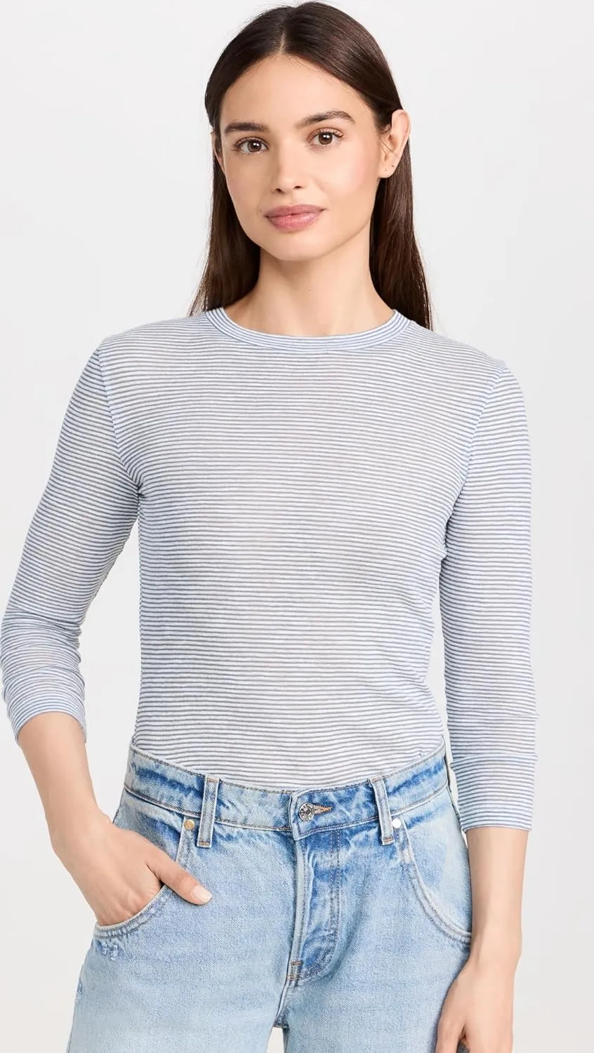 Vince Women's Micro Stripe 3/4 Sleeve Crew Tee
