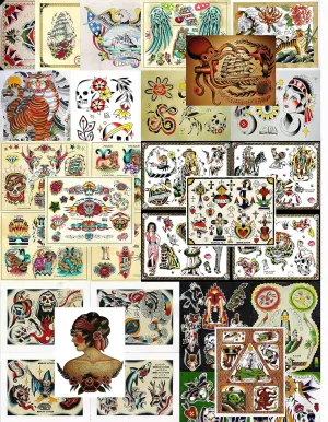 Vintage Traditional Style Tattoo Flash Collection, Lot, 32 Sheets 11x14" Tattoo Shop Display