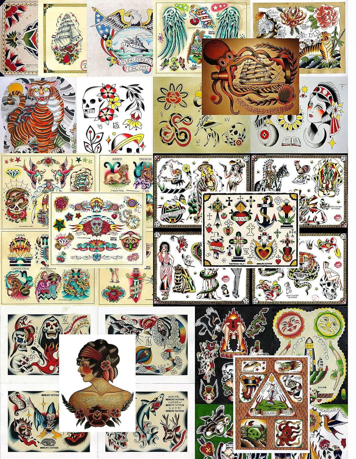 Vintage Traditional Style Tattoo Flash Collection, Lot, 32 Sheets 11x14" Tattoo Shop Display