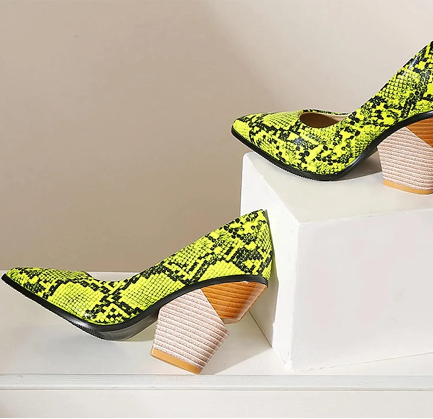 Women Chunky Stacked High Heel Pumps Pointed Toe Animal Print Snakeskin Comfort Slip On Dress Shoes