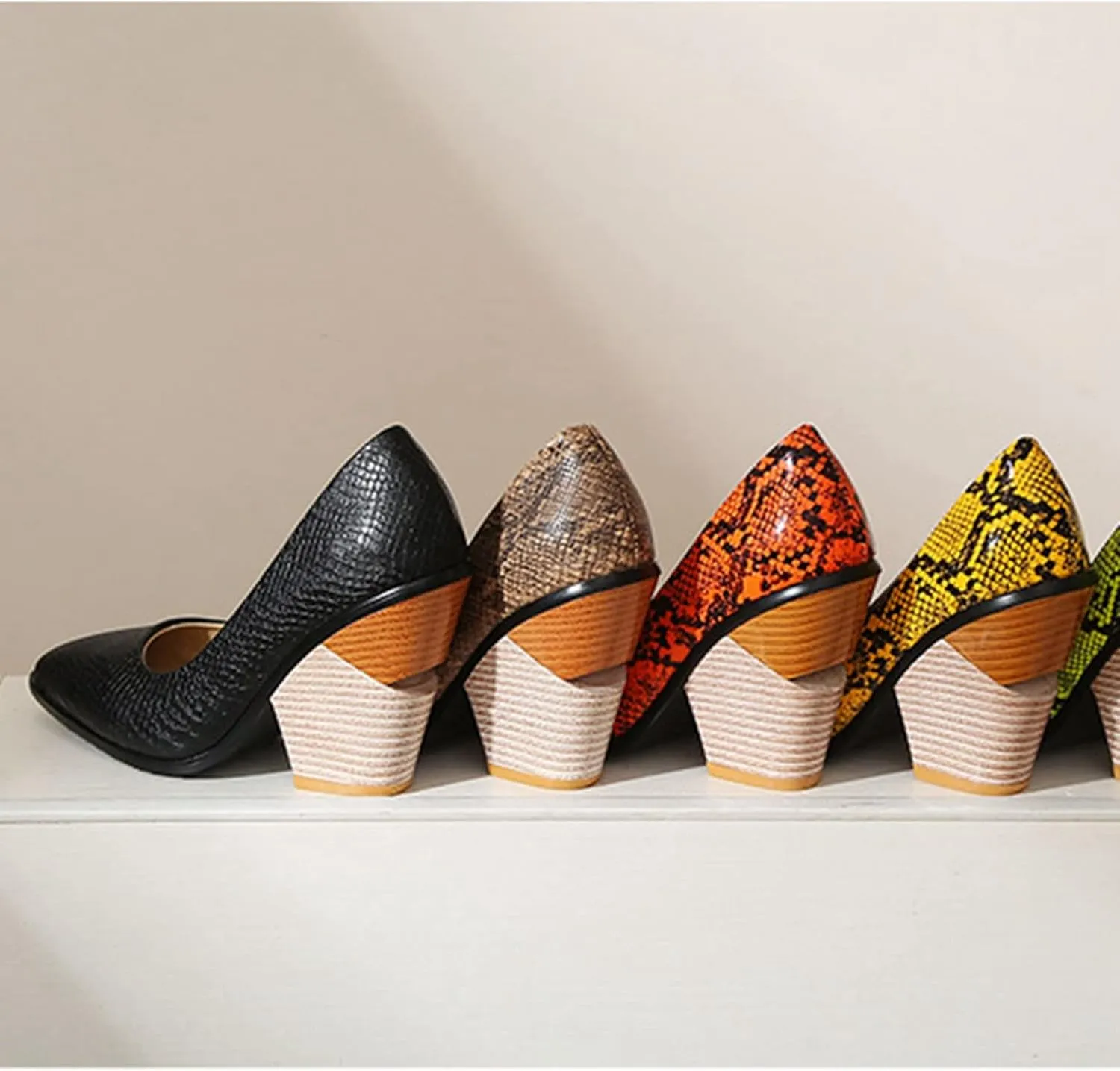 Women Chunky Stacked High Heel Pumps Pointed Toe Animal Print Snakeskin Comfort Slip On Dress Shoes