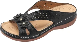 Women Dressy Flat Sandals Arch Support Walking Comfortable Vintage Hollow Summer Slippers Casual Outdoor Round Toe Shoes Fashion Wedge Retro Slingback Slip-Ons