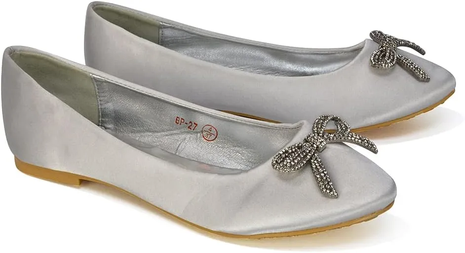 Women Flat Bridal Satin Slip On Ballerina Pumps Ladies Bow Bridesmaid Shoes Size 3-8