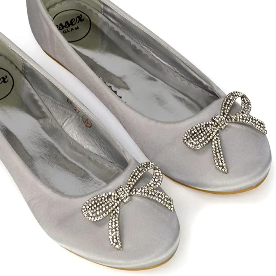 Women Flat Bridal Satin Slip On Ballerina Pumps Ladies Bow Bridesmaid Shoes Size 3-8