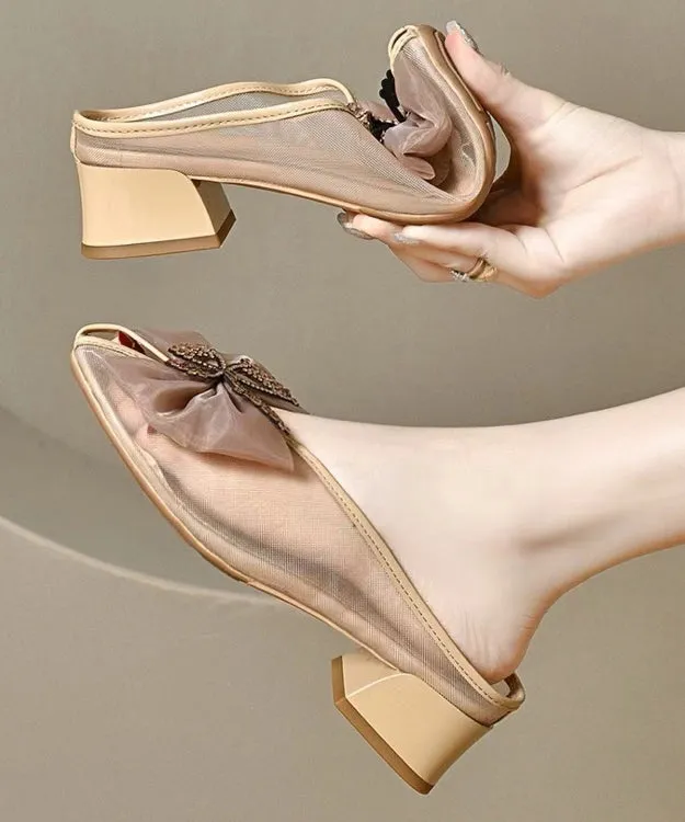 Women Splicing Chunky Black Tulle Bow Slide Sandals AA007