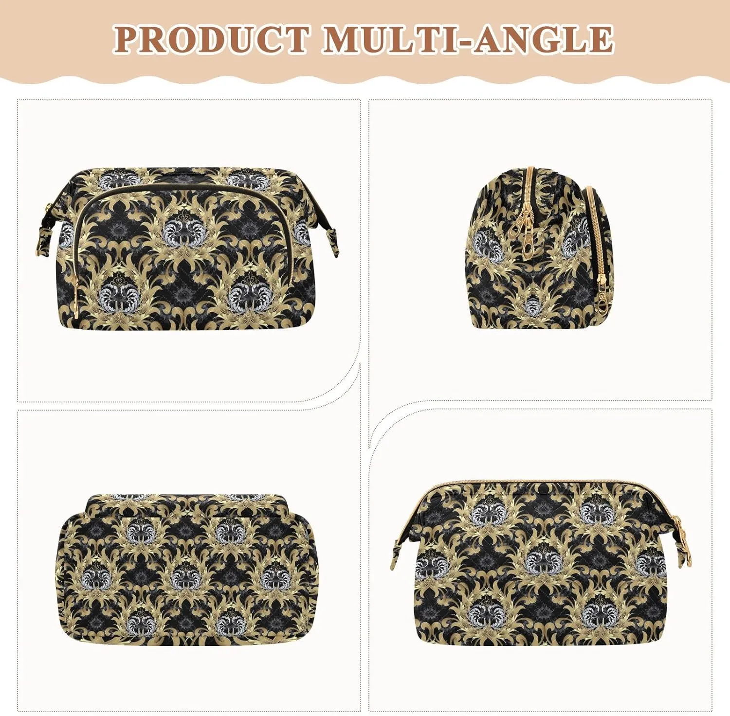 Women Wave Quilt Cosmetic Bag, Storage Pouch Handbag Makeup Case Zipper Toiletry Purse Holder Organizer 10.2x5.9x6.7 in Retro Royal Gold Silver Baroque Floral Scroll Leaves Flowers