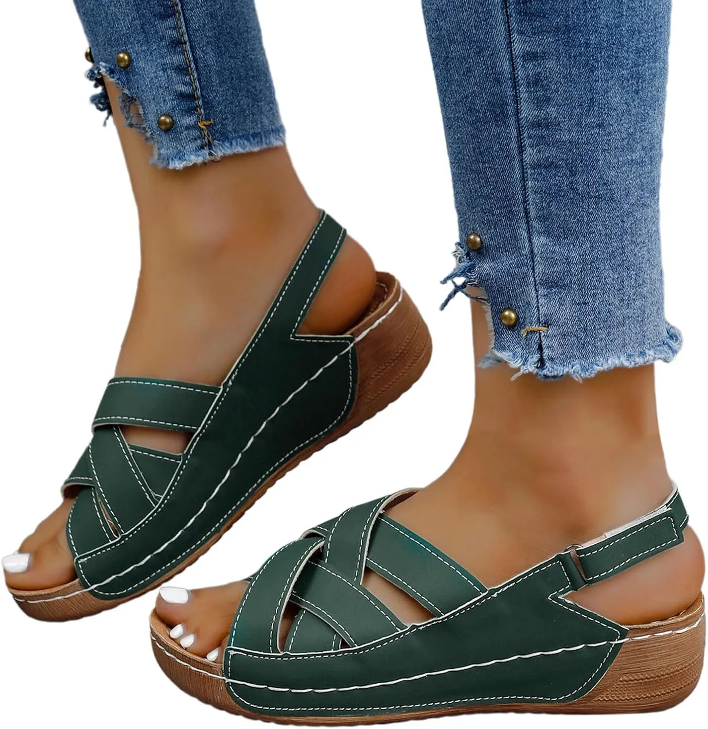 Womens Ankle Strap Sandals Walking Hiking Summer Beach Flats Shoes Comfort Open Toe Comfortable Dressy Arch Support Wedges Round Bottom Buckle 2025 Orthotic Flat Women Wide Width Slippers