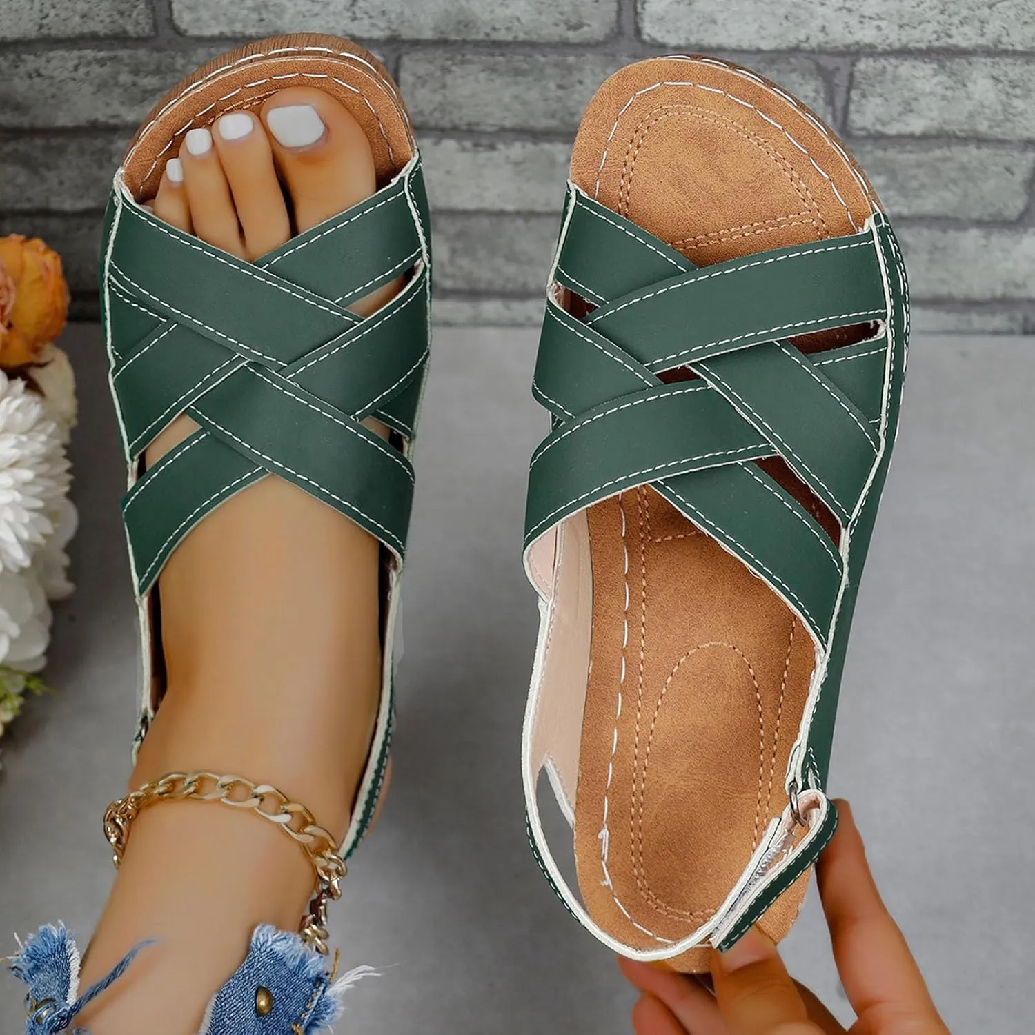 Womens Ankle Strap Sandals Walking Hiking Summer Beach Flats Shoes Comfort Open Toe Comfortable Dressy Arch Support Wedges Round Bottom Buckle 2025 Orthotic Flat Women Wide Width Slippers