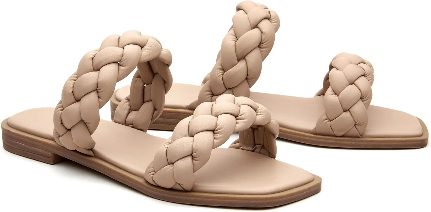 Women's Braided Two Strap Slide Dressy Square Toe Sandal