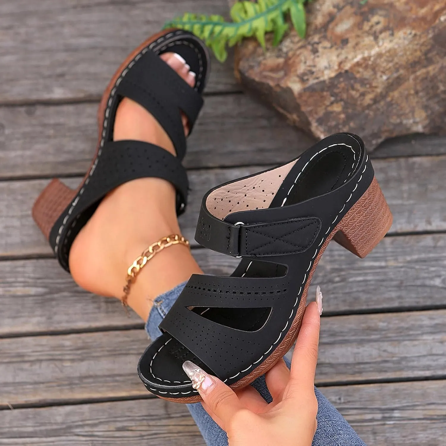 Women's Heeled Sandals Open Toe Slip On Block Chunky Mid Heels Ankle Strap Slippers Summer Backless Mules Walking Slide