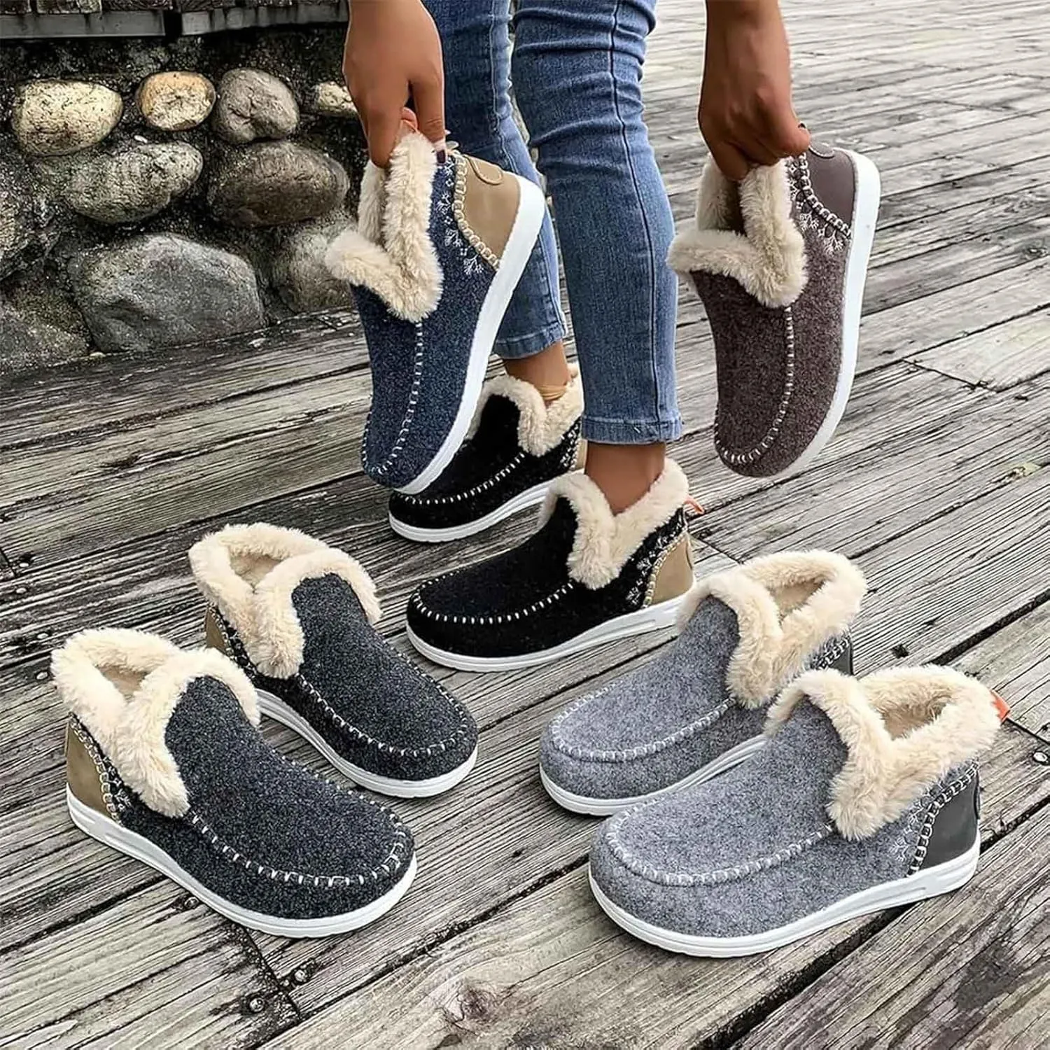 Women's Winter Plush Lined Flat Shoes, Cozy Furry Slip-On Sneakers Warm Plush Lined, Casual Warm Snow Boots for Women (Dark Grey,37)