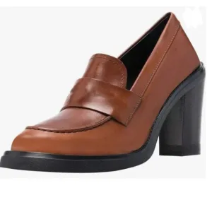 YDN Brown Chunky High Heels Round Toe Oxford Loafer Slip On Office Work Pumps