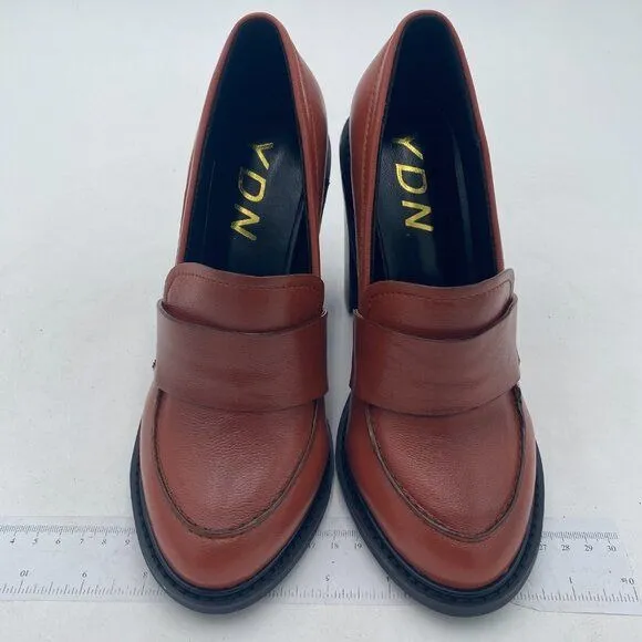 YDN Brown Chunky High Heels Round Toe Oxford Loafer Slip On Office Work Pumps