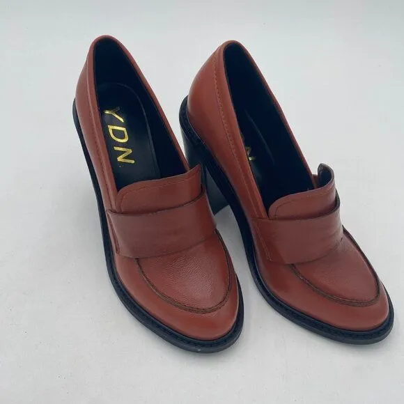 YDN Brown Chunky High Heels Round Toe Oxford Loafer Slip On Office Work Pumps