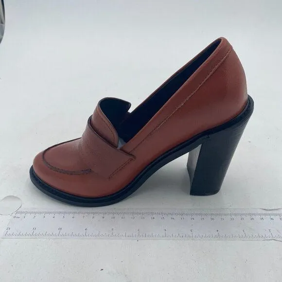 YDN Brown Chunky High Heels Round Toe Oxford Loafer Slip On Office Work Pumps
