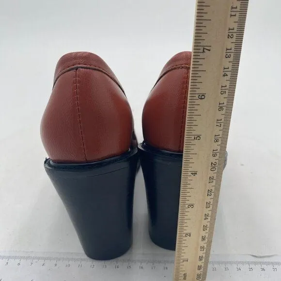 YDN Brown Chunky High Heels Round Toe Oxford Loafer Slip On Office Work Pumps