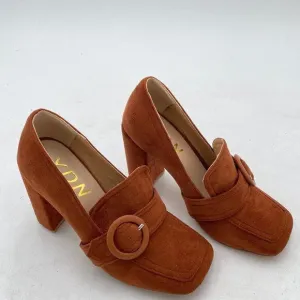 YDN Women Chunky High Heel Square Toe Loafer with Buckle Slip On Suede Office