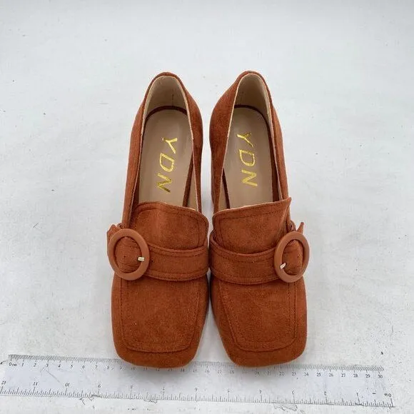 YDN Women Chunky High Heel Square Toe Loafer with Buckle Slip On Suede Office