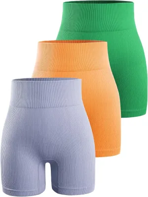 YNNTHY Women's 3 Piece Workout Shorts Yoga Seamless Ribbed High Waisted Spandex Booty Biker Shorts