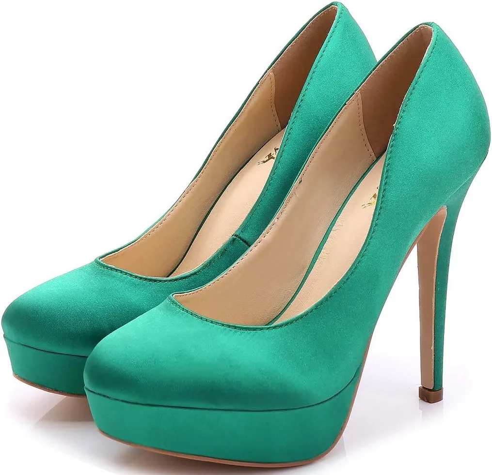 YooPrettyz Women Round Toe Wedding Pumps Platform Satin Stiletto Slip On Evening Heels